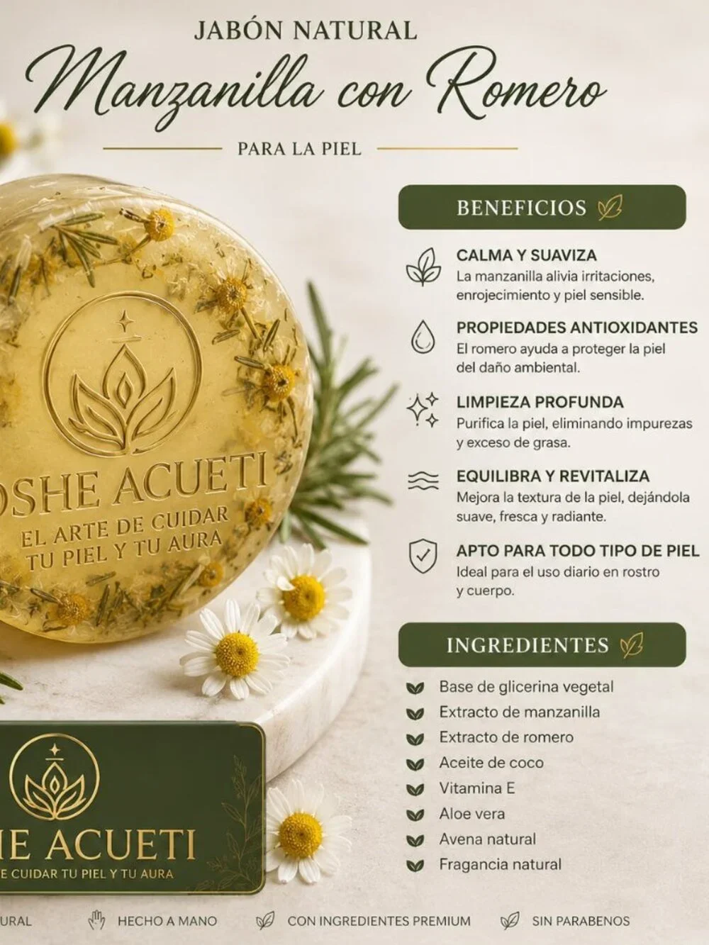 OSHE ACUETI Jabón Unisex Manzanilla y Romero 130 g